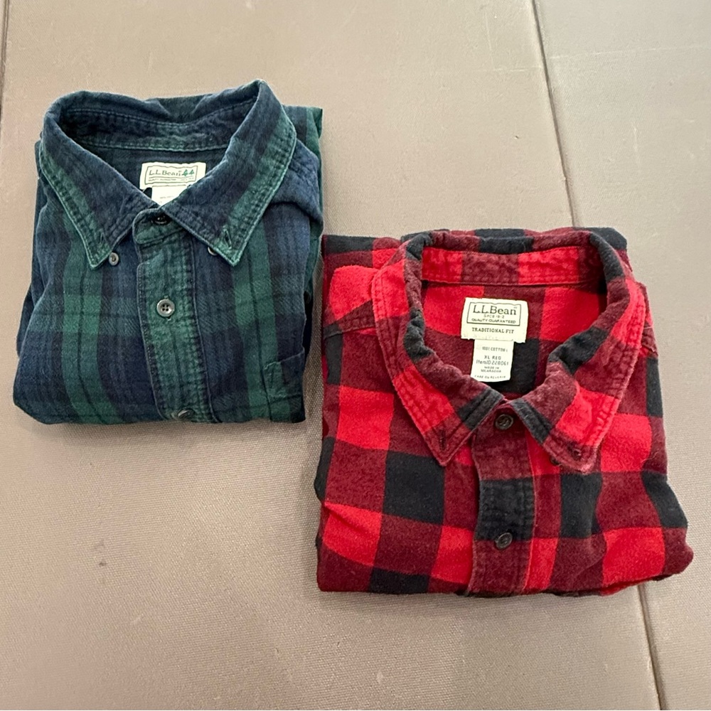 L.L. Bean Scotch Plaid Flannel Shirt 100% Cotton Traditional Fit Lot of 2 Men XL